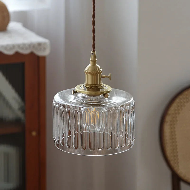 Retro Hanglamp Geribbeld Glas Koper Transparant Grijs E27 Woonkamer Eetkamer Slaapkamer Vintage Industrieel | Sansoti