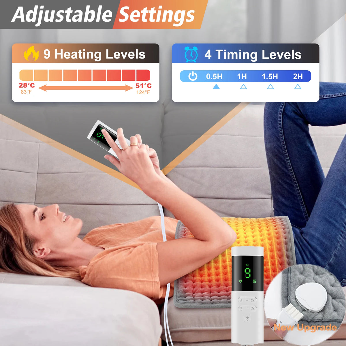 Electric Heating Pad 60x30 cm Gray Microplush Adjustable Heat 10 Settings Soft Portable | Sansoti