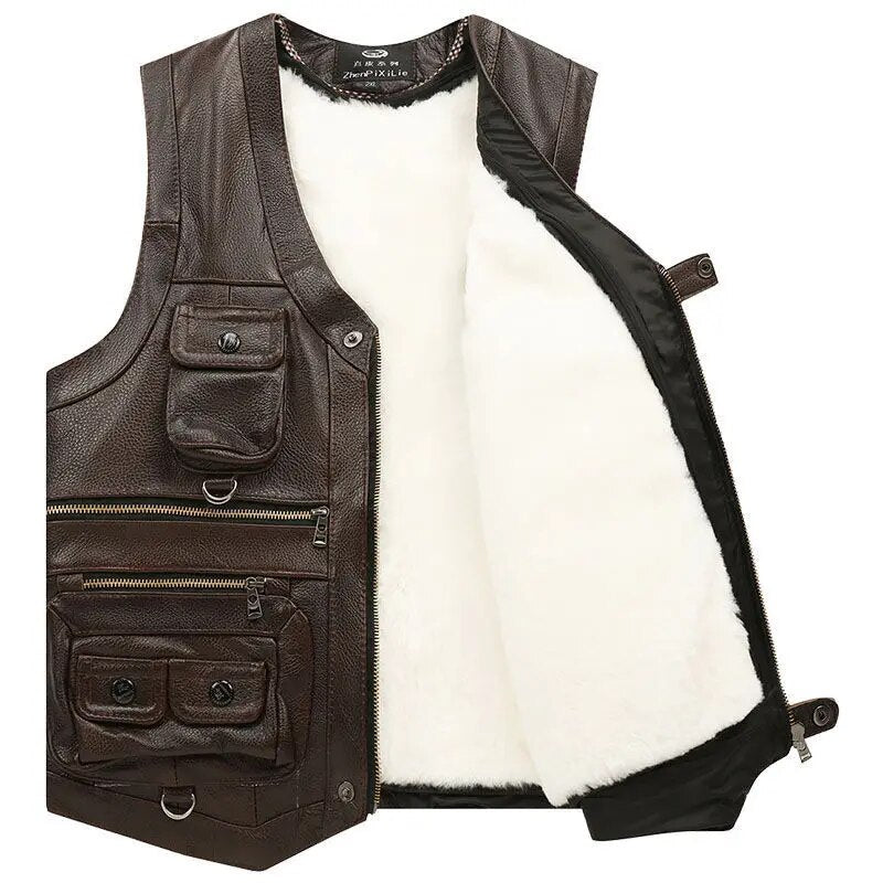 Sleeveless Leather Vest with Zipper Rugged Adventurer Vest for Autumn Winter Outdoor Casual Wear | Sansoti