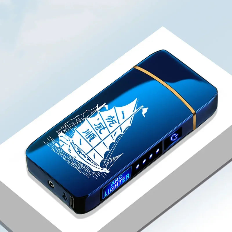 Elektronisches Plasma-Feuerzeug USB Wiederaufladbar Winddicht Metall Blau Für Kerzen Pfeife Mückenspiralen Doppelbogen Touchsensor LED Display | Restfield