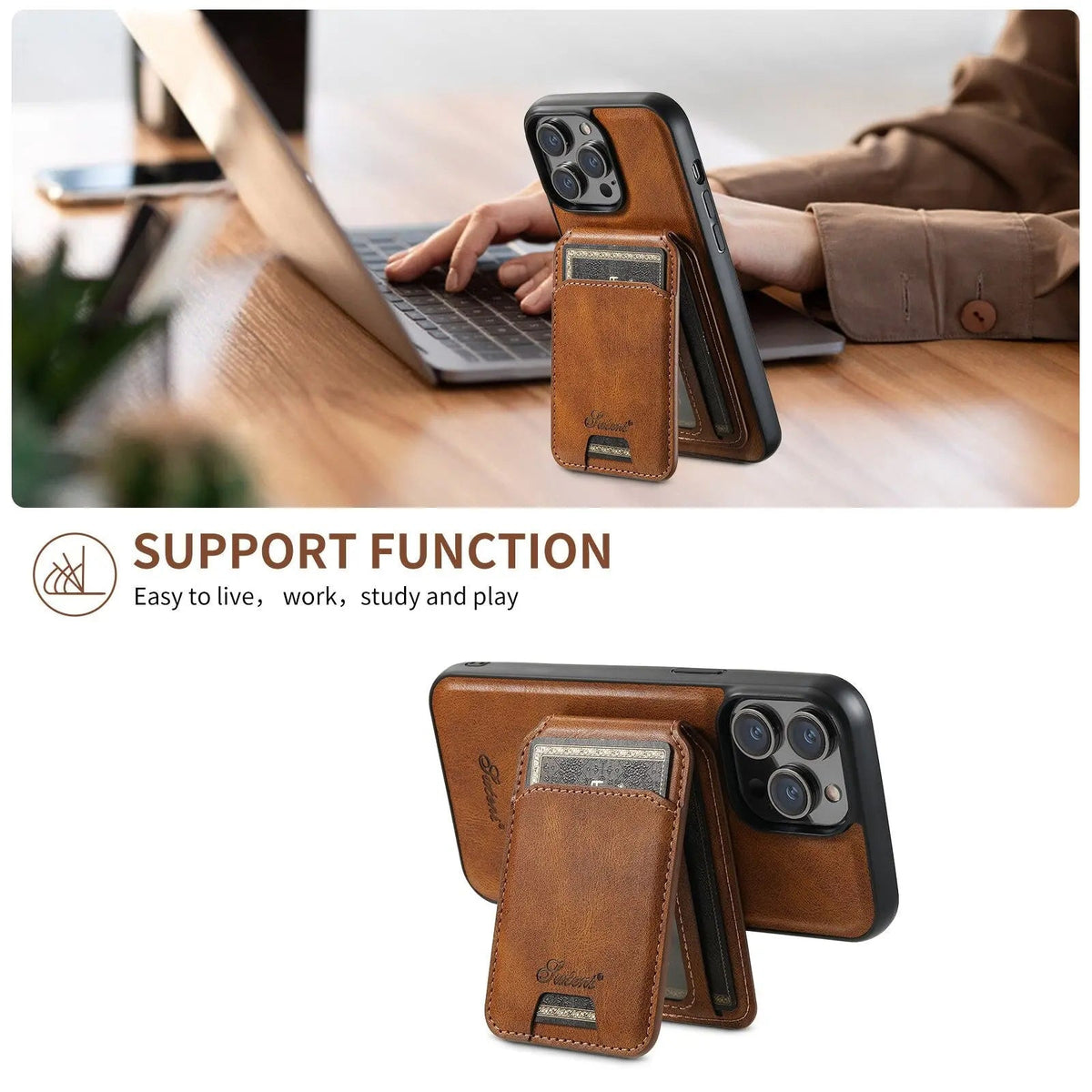 Leather Wallet Phone Case iPhone 15 Pro Max Black Brown Blue Red Khaki Cardholder Flip Case | Sansoti