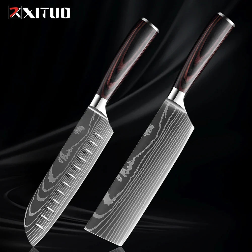 Professionelles Messerset aus Edelstahl, Kochmesser, Santokumesser, Gemüsemesser mit Holzgriff, Küchenutensilien, 1-9-teiliges Küchenmesserset | Sansoti