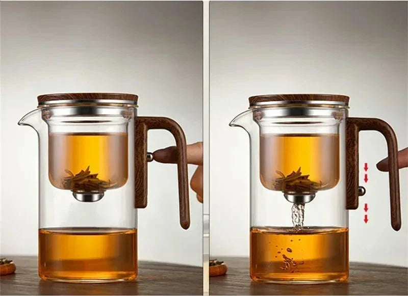 Glazen Theepot met Magnetisch Filtersysteem 520ml-720ml Borosilicaatglas Afneembare Zeef Houten Handvat Losse Thee Infuser Koffiekan | Sansoti