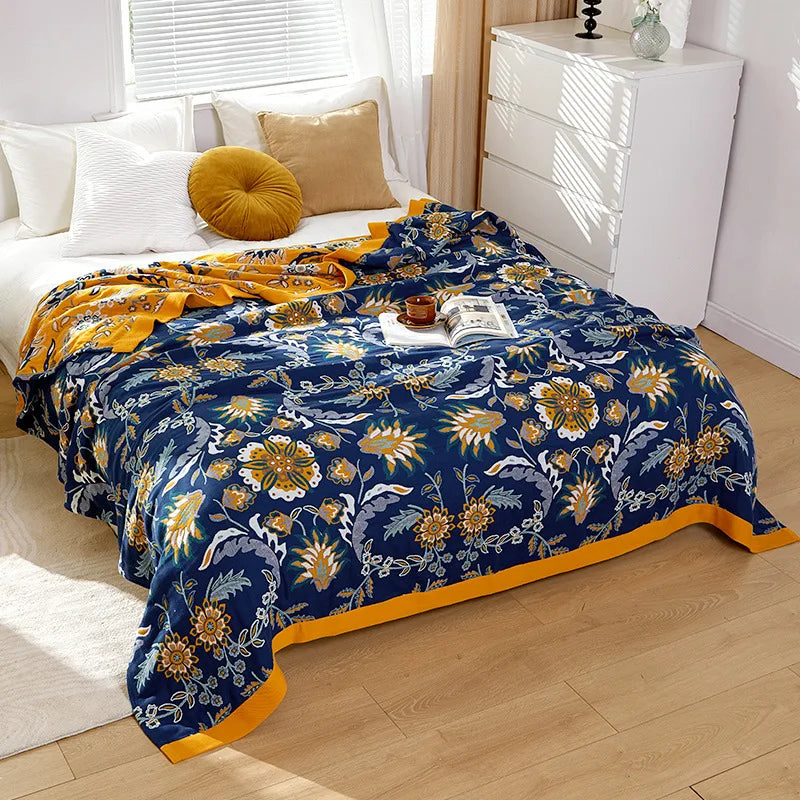 Baumwoll-Sommerdecke, garngefärbt, mit Blumenmuster, für Doppelbett, Landhausstil, leicht und atmungsaktiv | Sansoti