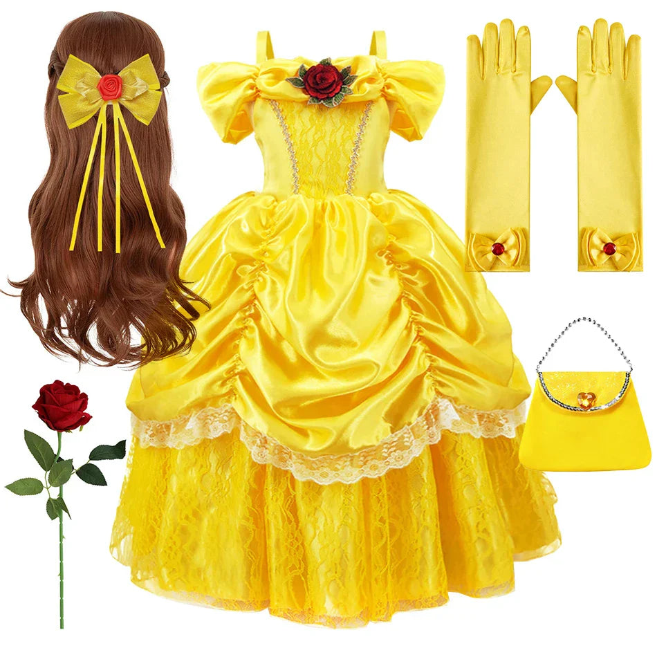 Prinsessenjurk voor Kinderen Cosplay Kostuum met Tiara en Accessoires Geel | Sansoti
