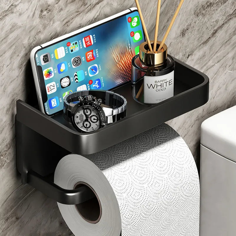 Toiletrolhouder Aluminium Zwart 18.3cm Met Plank Wandmontage Badkamer Telefoonhouder Opbergrek Modern Minimalistisch | Sansoti