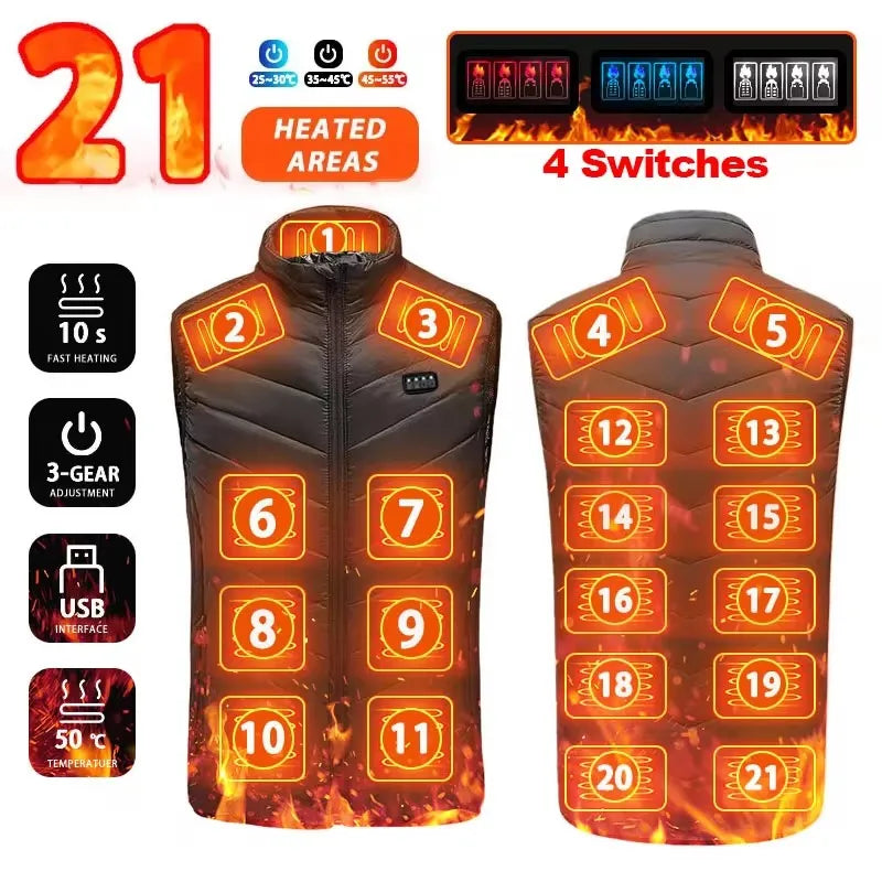 Beheizbare Weste mit USB-Heizung, 21 Zonen, Schwarz/Blau, Unisex, Outdoor, Winter, Wandern, Camping, Ski | Sansoti