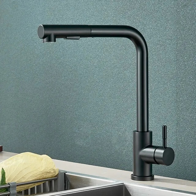 Uittrekbare Keukenkraan met 2 Standen Zwart Mat Roestvrijstaal Draaibare Uitloop Warm Koud Water Mengkraan | Sansoti