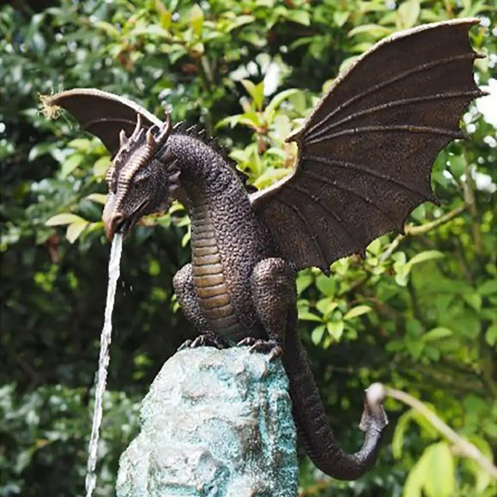 Drache Springbrunnen Gartenfigur Harz 35cm Bronze Wasserspeiender Drache Garten Skulptur Teich Terrasse Außendekoration Ornament | Restfield