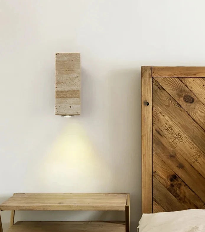 Wandleuchte aus gelbem Travertin, rund oder quadratisch, LED-Warmlicht für Schlafzimmer, Flur, Diele, Arbeitszimmer und Wohnzimmer | Sansoti