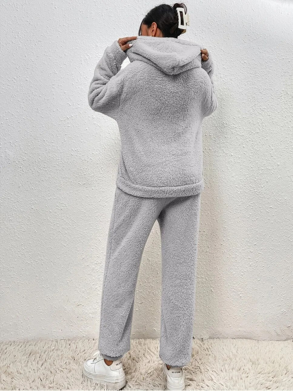 Teddy-Loungewear-Set mit Kapuze für Damen, Grau, Beige, Grün, Winteranzug aus Fleece, zweiteiliger weicher Hausanzug mit Hose | Sansoti