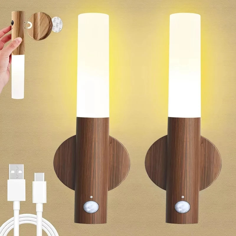 Oplaadbaar Nachtlampje met Bewegingssensor Houten Wandlamp Magneetmontage Warm Wit LED Licht Slaapkamer | Sansoti