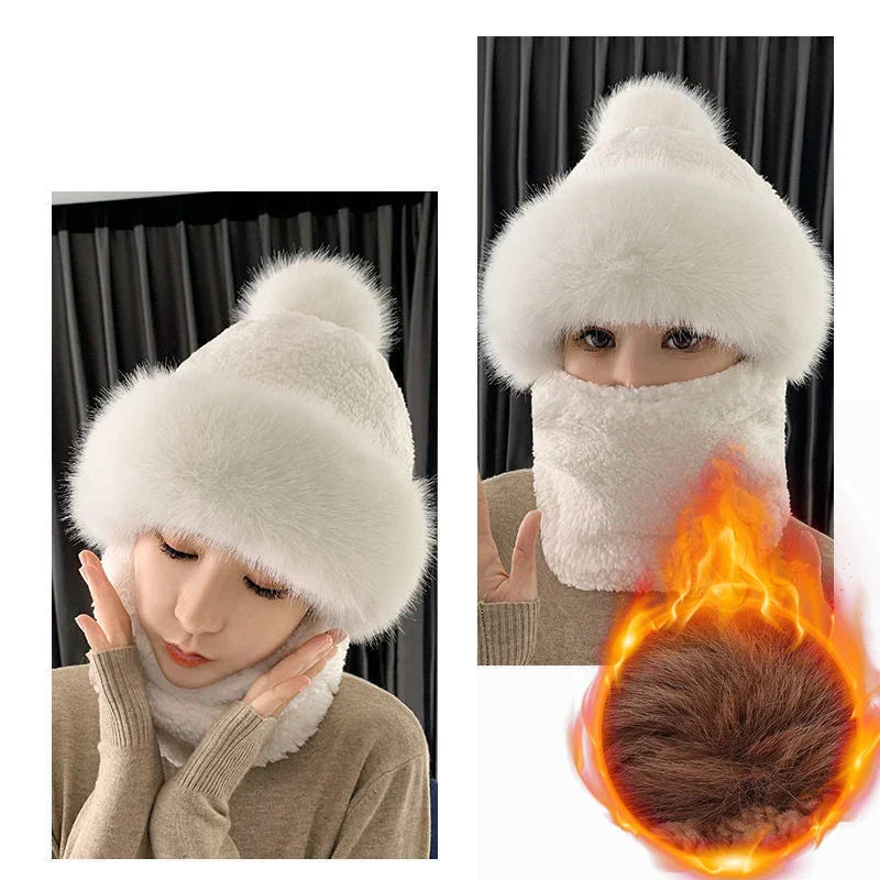 Plüsch Multifunktionale Mützen-Schal-Kombination Winterwarme gestrickte Kopfbedeckung für kaltes Wetter Outdoor-Accessoire | Sansoti