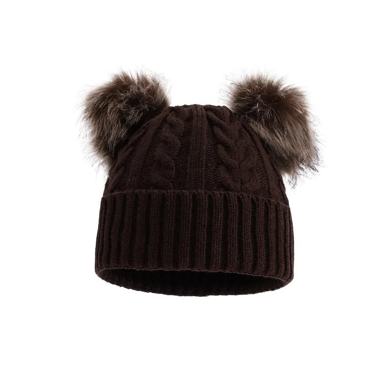 Gebreide Wintermuts met Dubbele Pompons voor Dames Warm Outdoor Accessoire Rekbaar Effen Kleur Casual | Sansoti