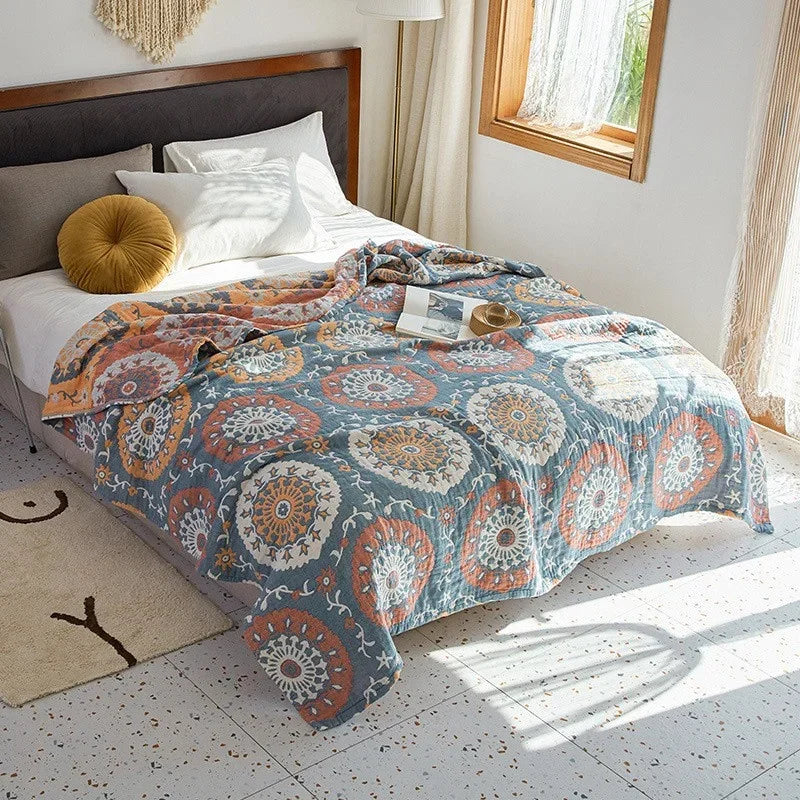 Plaid en mousseline de coton respirant, couverture jacquard pour lit et canapé 150x200 200x230 à motif floral, salon | Sansoti