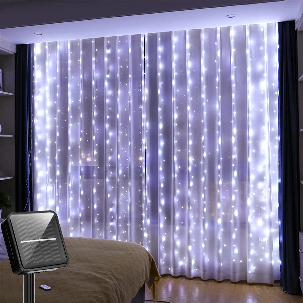 Guirlande lumineuse solaire en rideau, 300 LED, résistante à l’eau, blanc chaud ou multicolore, décoration de jardin et éclairage de fête | Sansoti