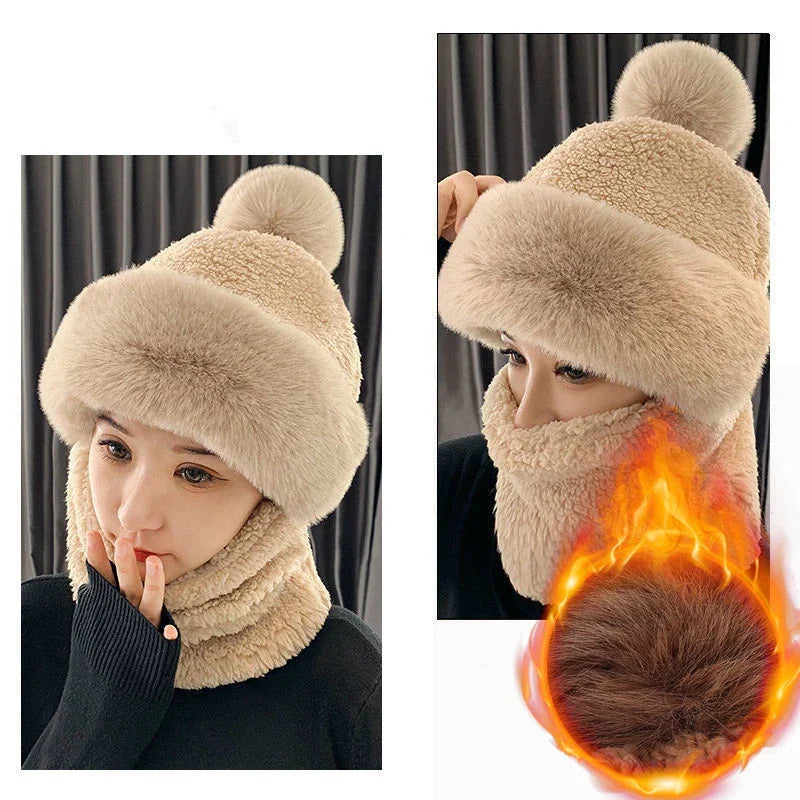 Plüsch Multifunktionale Mützen-Schal-Kombination Winterwarme gestrickte Kopfbedeckung für kaltes Wetter Outdoor-Accessoire | Sansoti