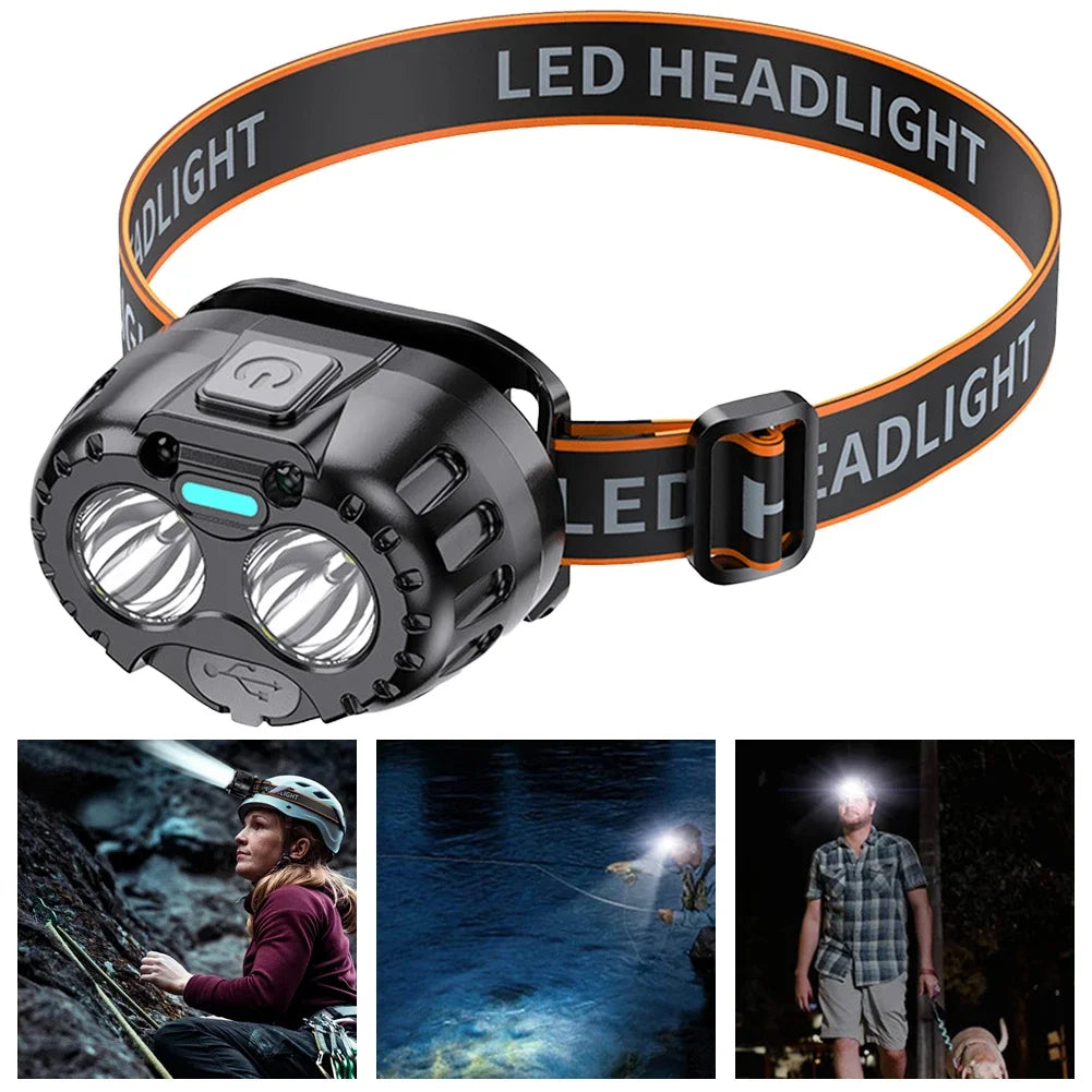 Lampe frontale rechargeable avec capteur de mouvement, 250 lumens, étanche aux éclaboussures IPX4, noire, pour la course à pied et le cyclisme en plein air | Sansoti