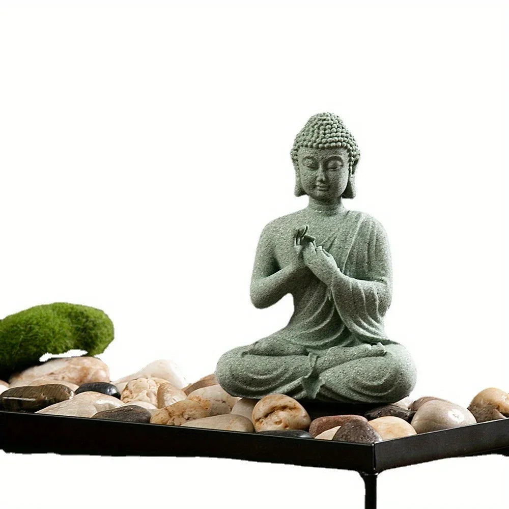 Meditierender Buddha als Dekoration, grüner Sandstein, 8 cm, Wohnzimmer, Büro, Aquarium, spirituelle Figur, Zen-Ornament | Sansoti