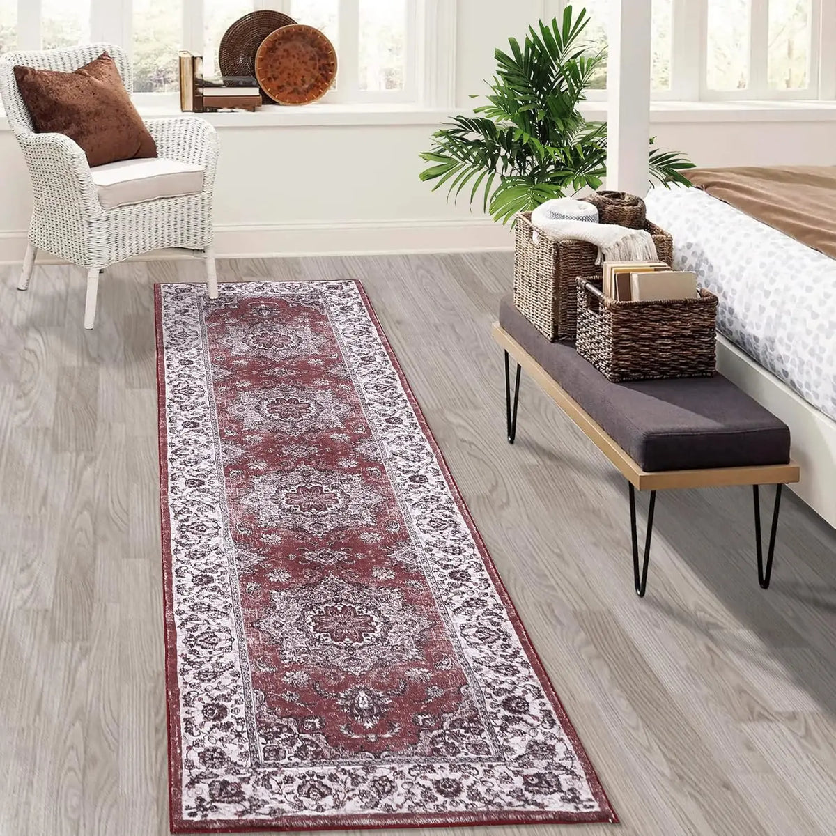Tapis de couloir 60x230cm antidérapant en polyester, motif floral, style vintage, entrée, salon, hall | Sansoti