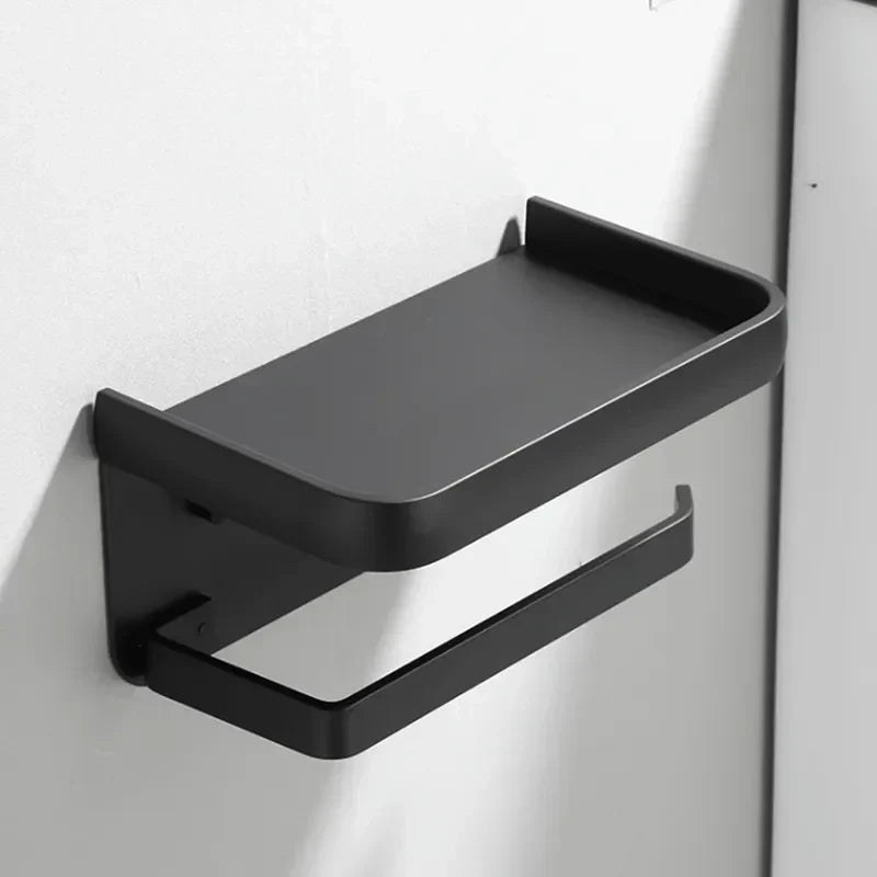 Toiletrolhouder Aluminium Zwart 18.3cm Met Plank Wandmontage Badkamer Telefoonhouder Opbergrek Modern Minimalistisch | Sansoti