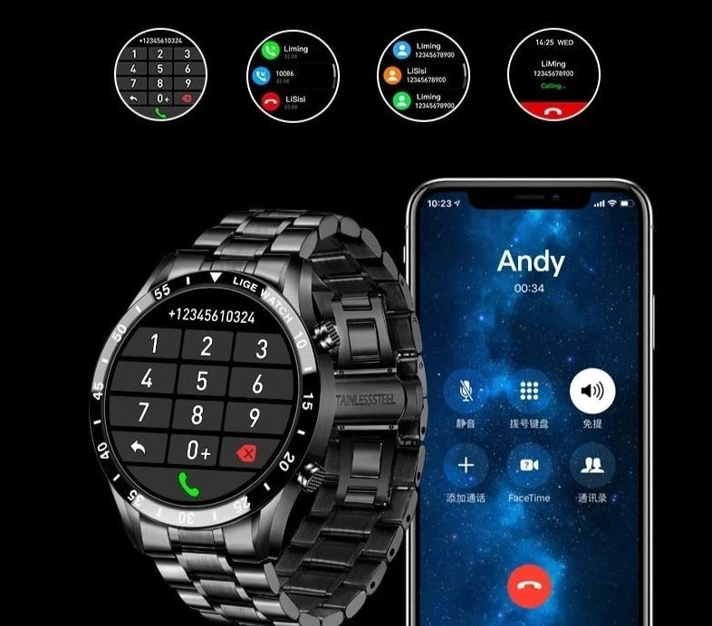 Montre connectée multifonction avec écran rond, cardiofréquencemètre, podomètre et suivi d’activité Bluetooth, noire et argentée | Sansoti