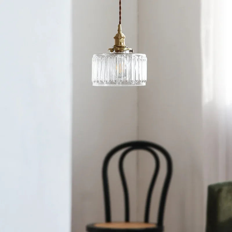 Retro Hanglamp Geribbeld Glas Koper Transparant Grijs E27 Woonkamer Eetkamer Slaapkamer Vintage Industrieel | Sansoti