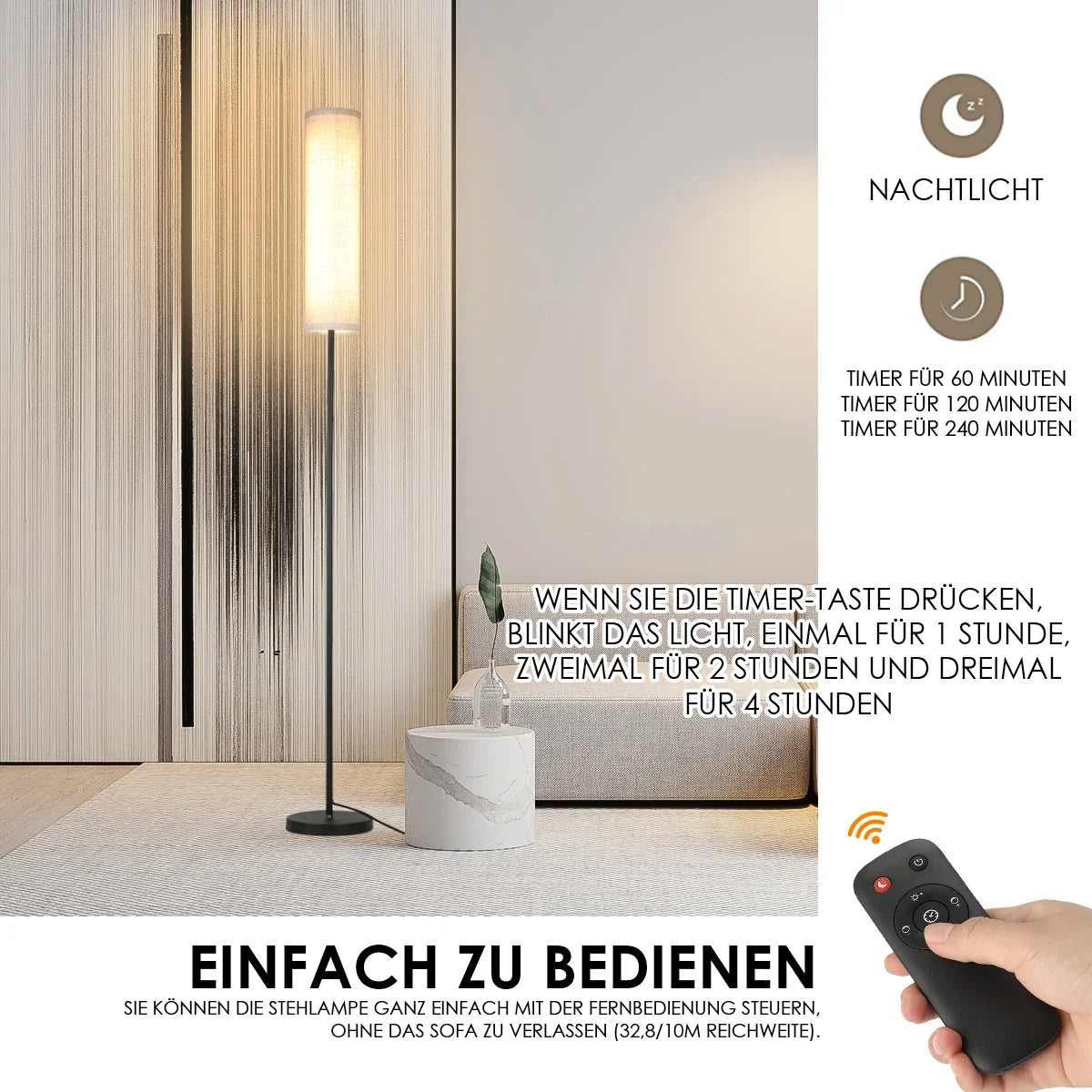 LED-Stehlampe 170 cm, dimmbar, mit Fernbedienung, skandinavisches Holz und Metall, warm- bis kaltweiß | Sansoti