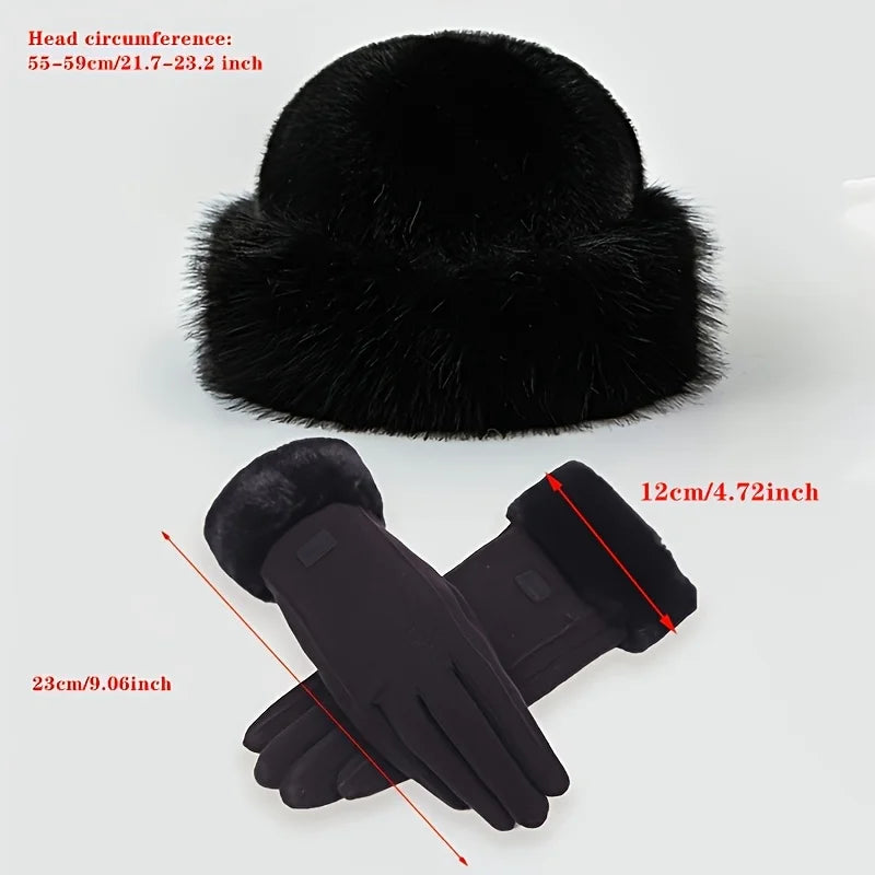Plush Winter Set Hat and Gloves Women Men Thick Fleece Beanie Dusty Pink Black White Warm Winter Ski Hat | Sansoti