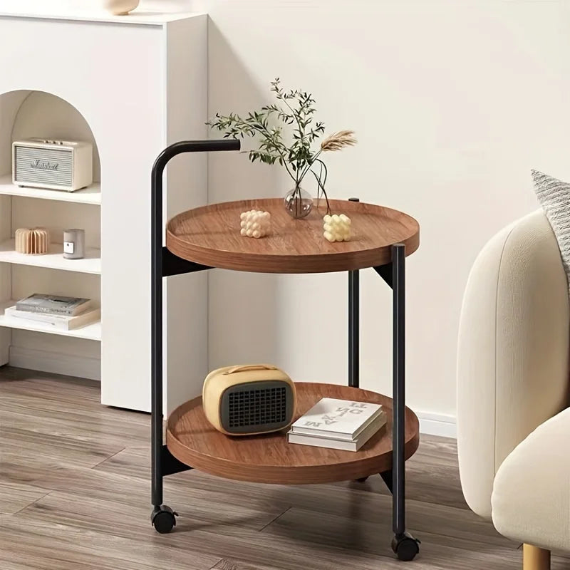 Rollbarer Beistelltisch aus Holz mit zwei Ebenen, rund, 40 cm, für Wohnzimmer und Schlafzimmer, mit Rollen, kompaktes Design, zum Servieren und Aufbewahren | Sansoti