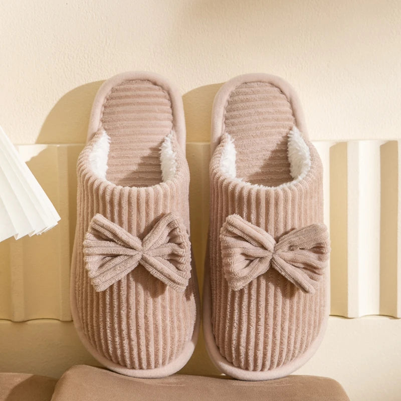 Dames Huisslippers met Strik Ribfluweel Gevoerd Binnenschoenen Winterpantoffels Antislip Warm Comfortabel Slaapkamer | Sansoti
