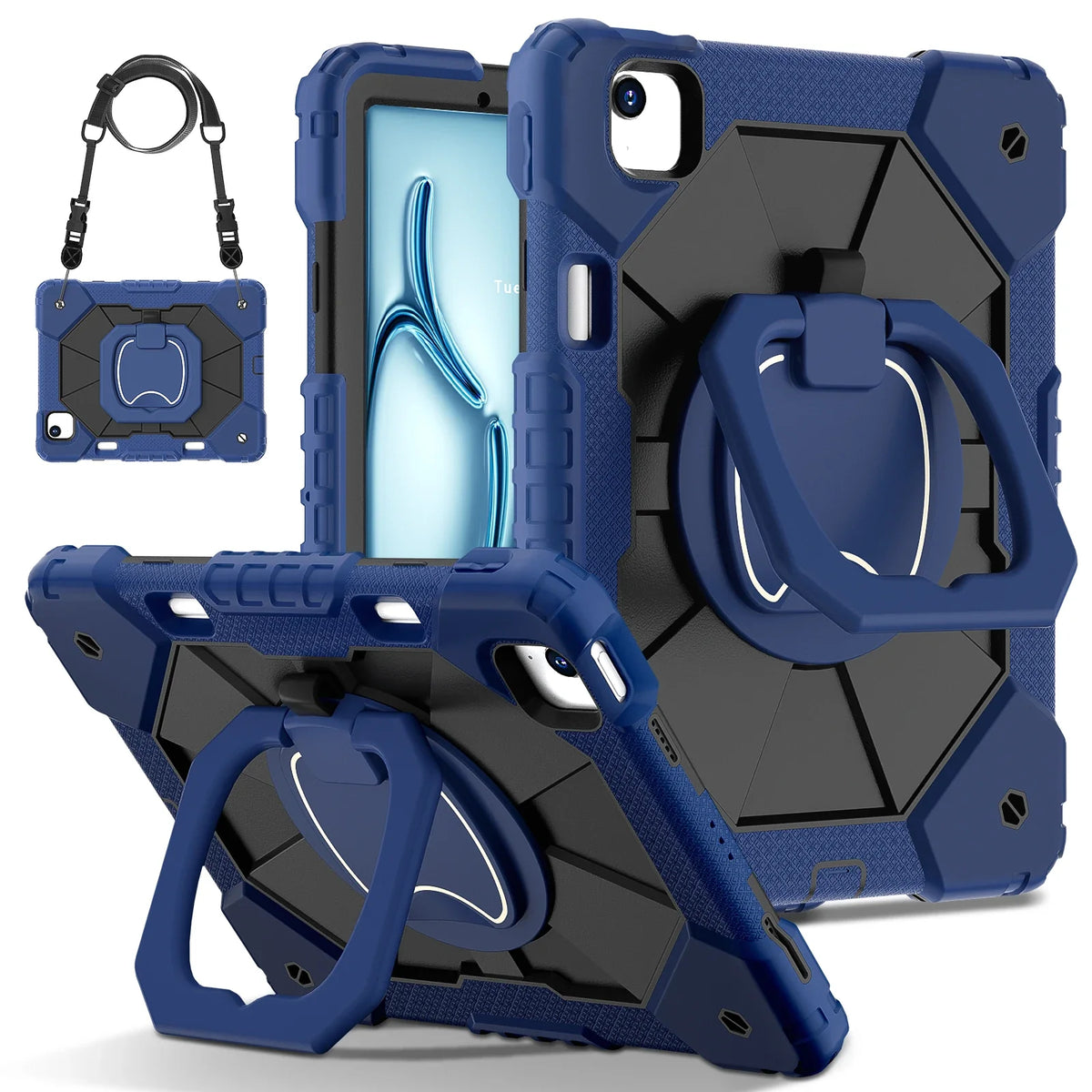 Rugged iPad Case with Ring Grip Three-Layer Protection Kickstand Shoulder Strap Screen Protector Black Orange | Sansoti