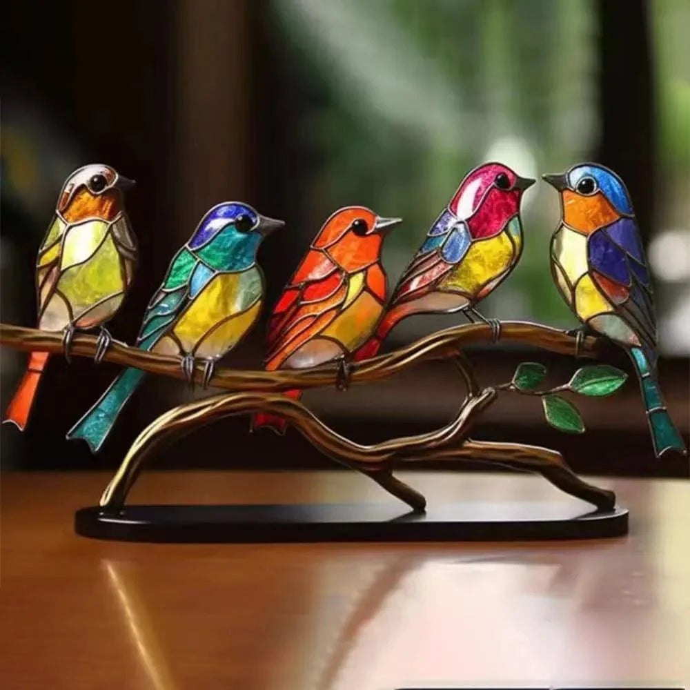 Glazen Vogels op Tak Decoratie met Houten Voet Interieur Kleurrijk Glas Woonkamer Bureau Vensterbank | Sansoti
