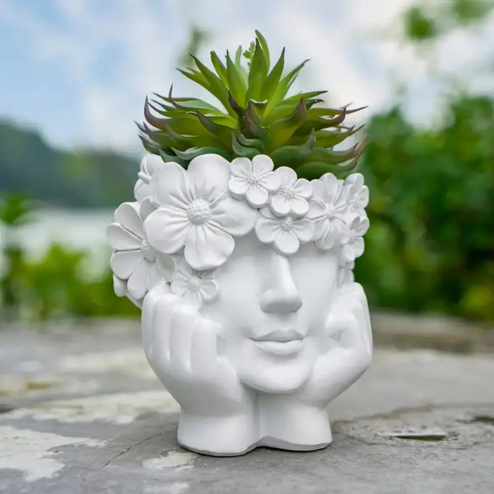 Bloempot Vrouwengezicht Hars Wit 15cm Decoratief Sculptuur Woonkamer Tuin Binnen Buiten Plantenpot Gezicht | Sansoti