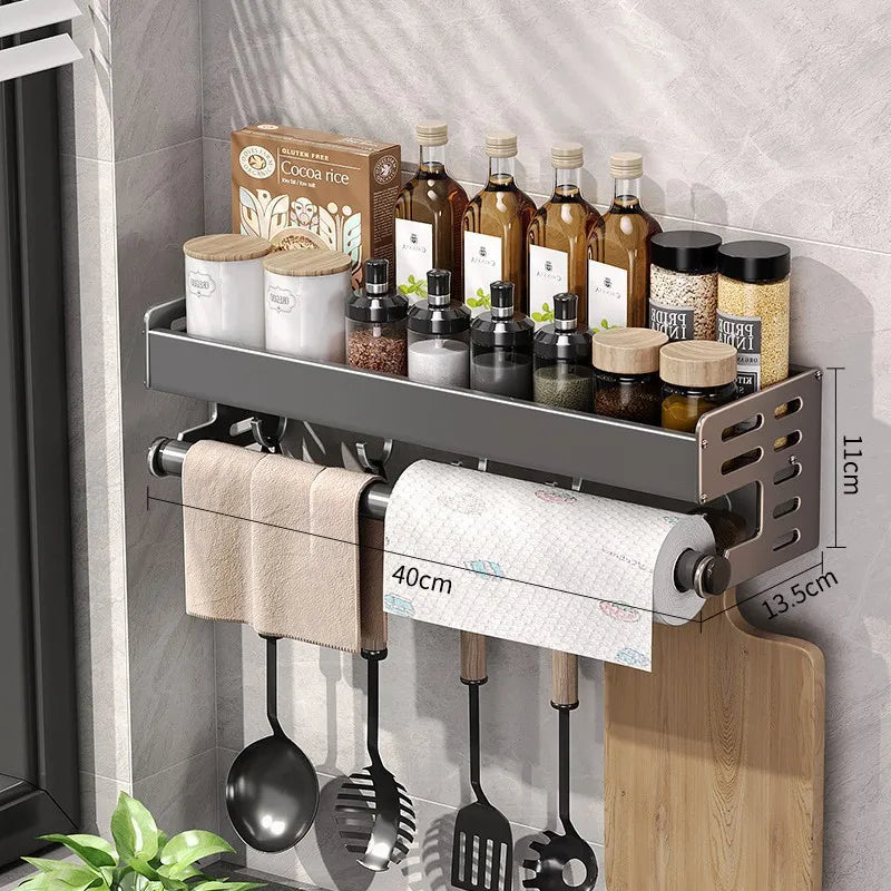 Étagère Murale Cuisine Aluminium 30-50cm Gunmetal Porte-épices Sans Perçage Support Suspendu Organisateur Cuisine Porte-Couteaux Montage Mural | Restfield