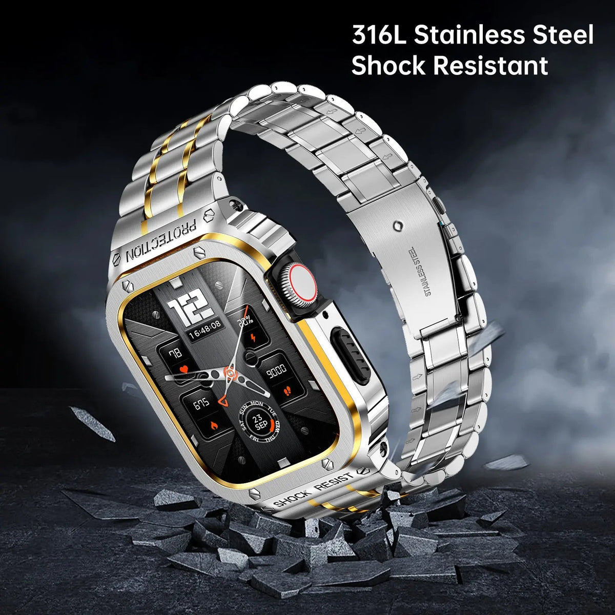 Edelstahl-Uhrenarmband mit Schutzhülle, 45 mm, 44 mm, Smartwatch-Zubehör, Schwarz, Silber, Gold, stilvoll | Sansoti