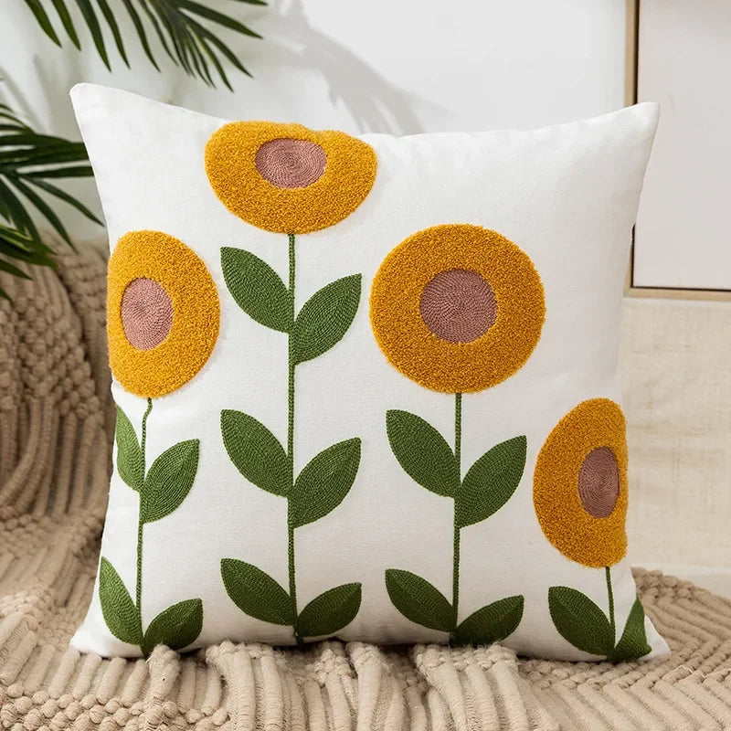 Kussenhoes 45x45cm Katoen Canvas Geborduurd Bloemen Wit Sierkussenhoes Bank Slaapkamer Landelijke Stijl Decoratief | Sansoti