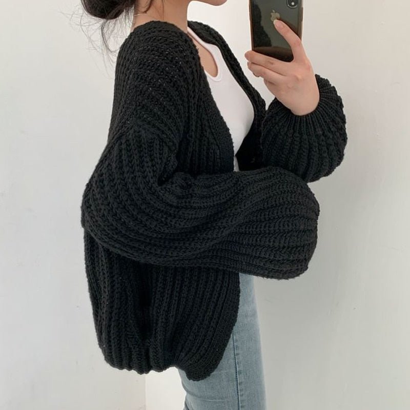 Grofgebreid Oversized Vest met Ballonmouwen Kabelpatroon Dames Open Cardigan Universele Maat Gebreid | Sansoti