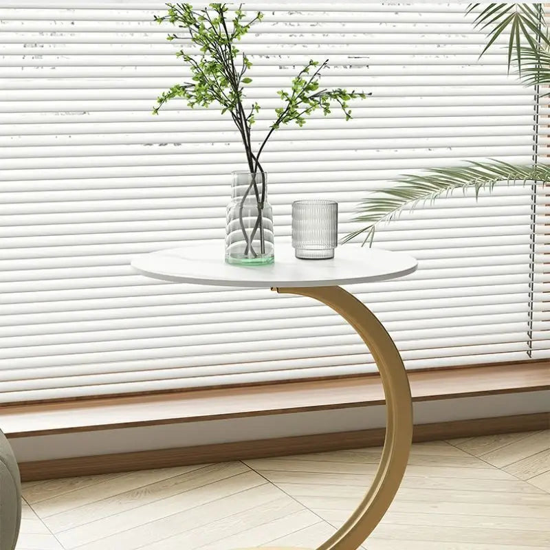Runder Beistelltisch aus Holz und Stahl, kompakter Nachttisch im modernen Design für Wohnzimmer, Schlafzimmer oder als stilvoller Ecktisch | Sansoti