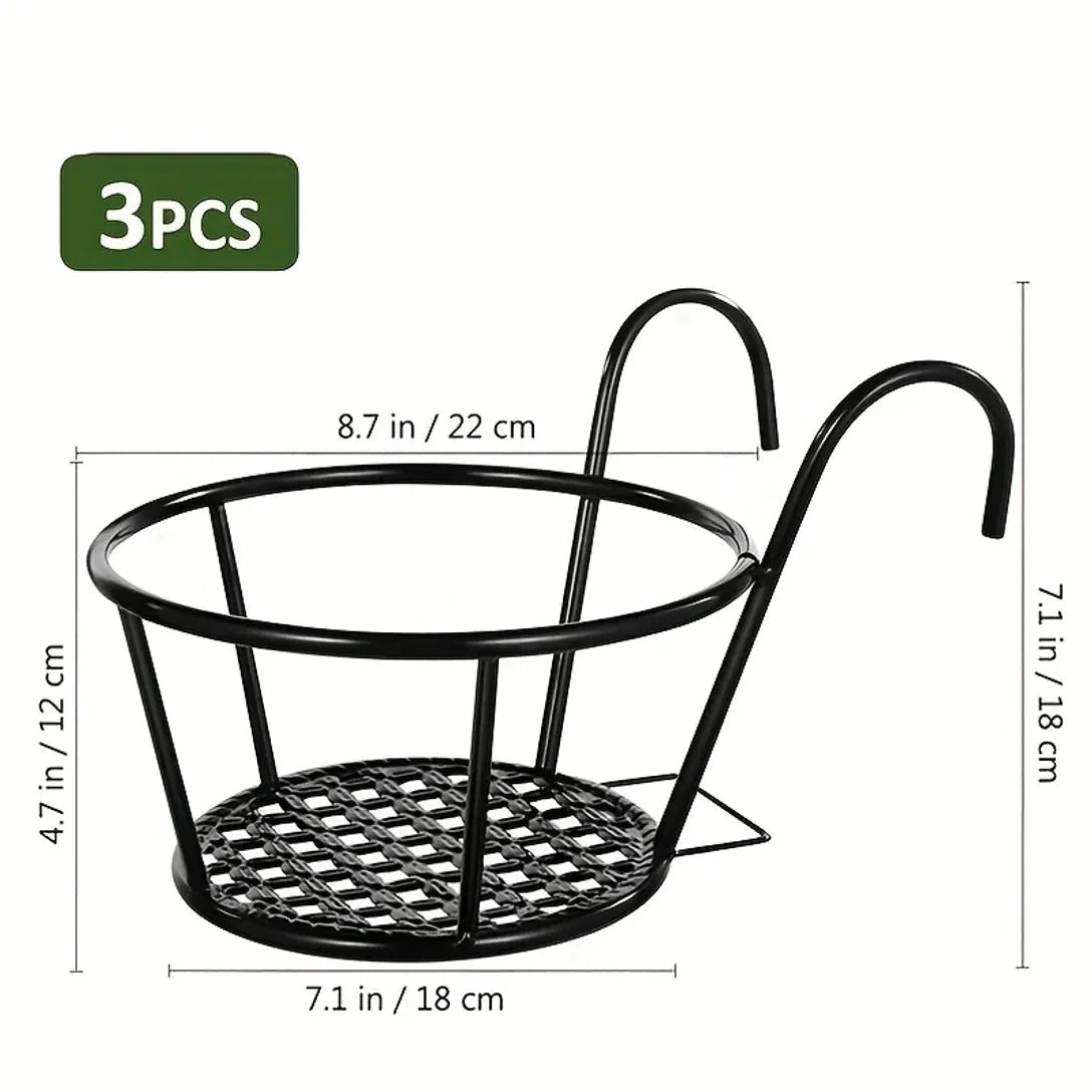 Hangende Bloempothouders Metaal Zwart voor Balkon – 3 Stuks met Ophanghaak 22 cm Doorsnede | Sansoti