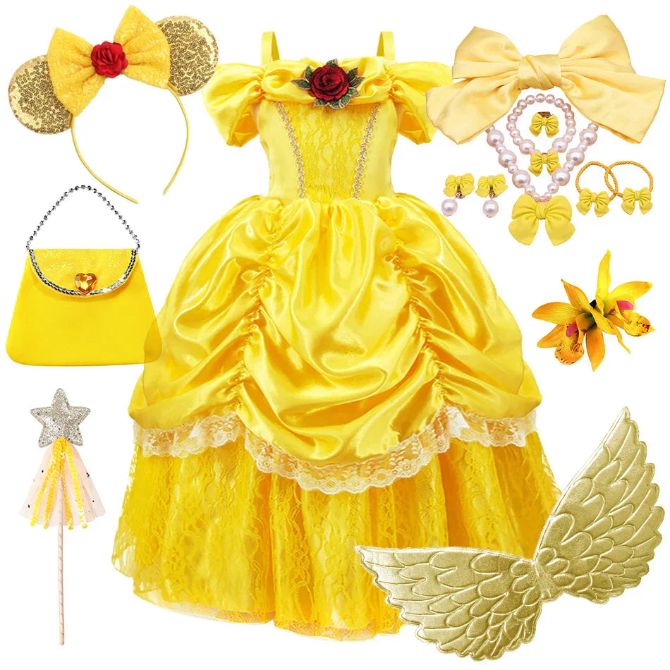 Prinsessenjurk voor Kinderen Cosplay Kostuum met Tiara en Accessoires Geel | Sansoti