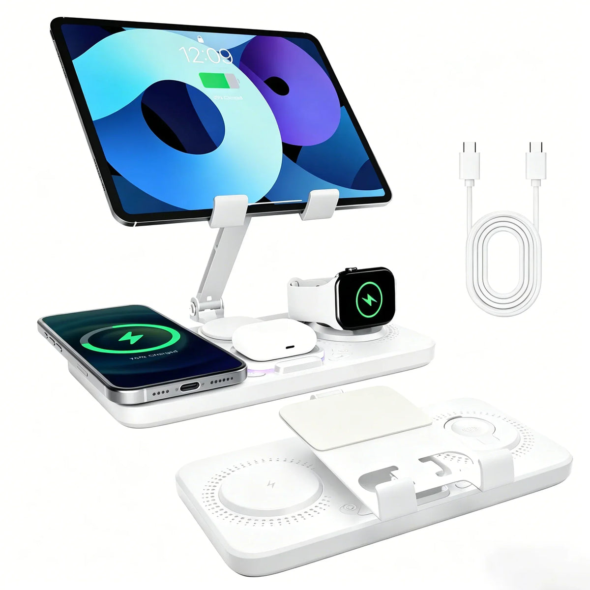 7-in-1 Wireless Charging Station with Adjustable Tablet Holder, Multi-Device Qi Charger, Black White Organizer | Sansoti