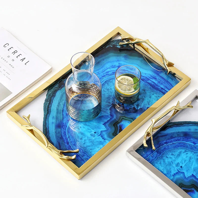 Decoratief Dienblad met Blauwe Agaatpatroon – Elegant Serveerblad met Glazen Inleg en Edelstalen Rand – Uniek Natuursteen Design voor Tafel en Interieur | Sansoti