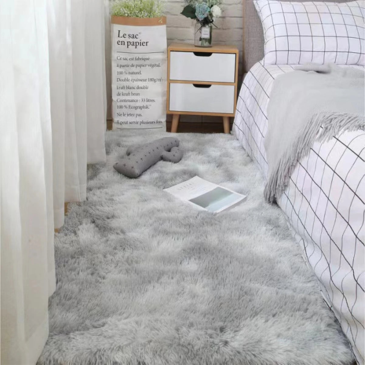 Fluffy Vloerkleed Microvezel Antislip Grijs Wit Bruin Slaapkamer Woonkamer Pluizig Tapijt Nachtkastje Shaggy Zacht | Sansoti