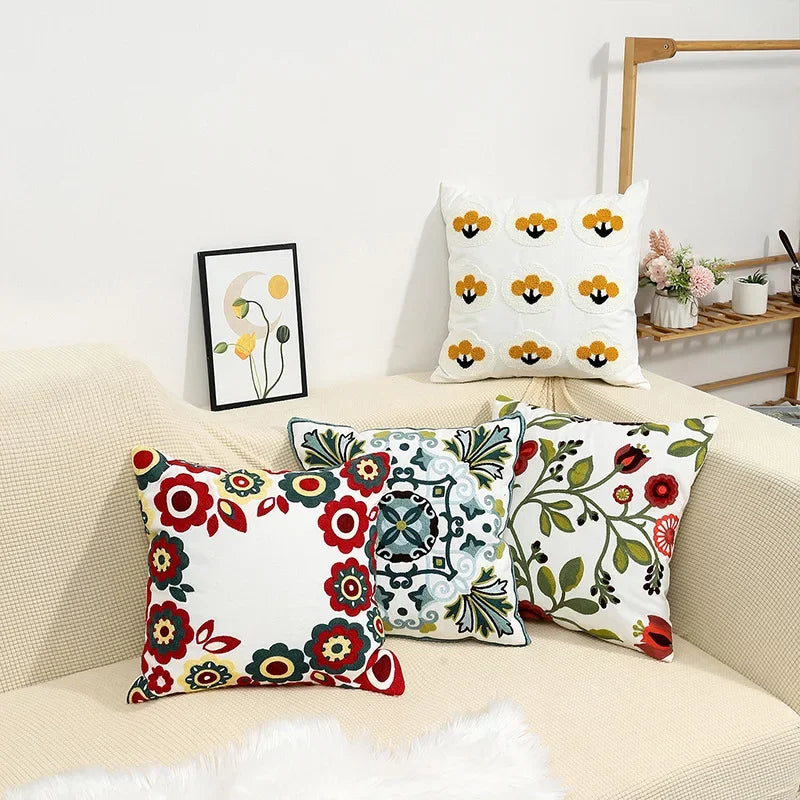 Kussenhoes 45x45cm Katoen Canvas Geborduurd Bloemen Wit Sierkussenhoes Bank Slaapkamer Landelijke Stijl Decoratief | Sansoti