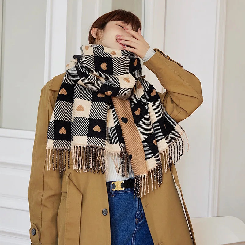 Knitted blanket scarf for women, warm polyester plaid wrap, oversized winter accessory scarf | Sansoti