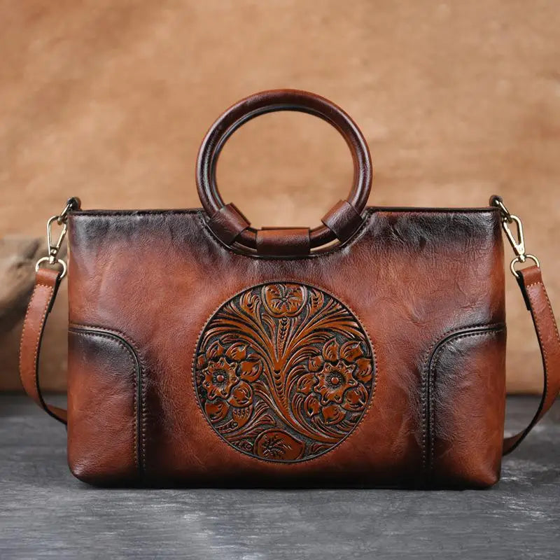 Handgemaakte Leren Damestas met Vintage Reliëfpatroon Schoudertas Elegante Dagtas Retro Design Stijlvol | Sansoti