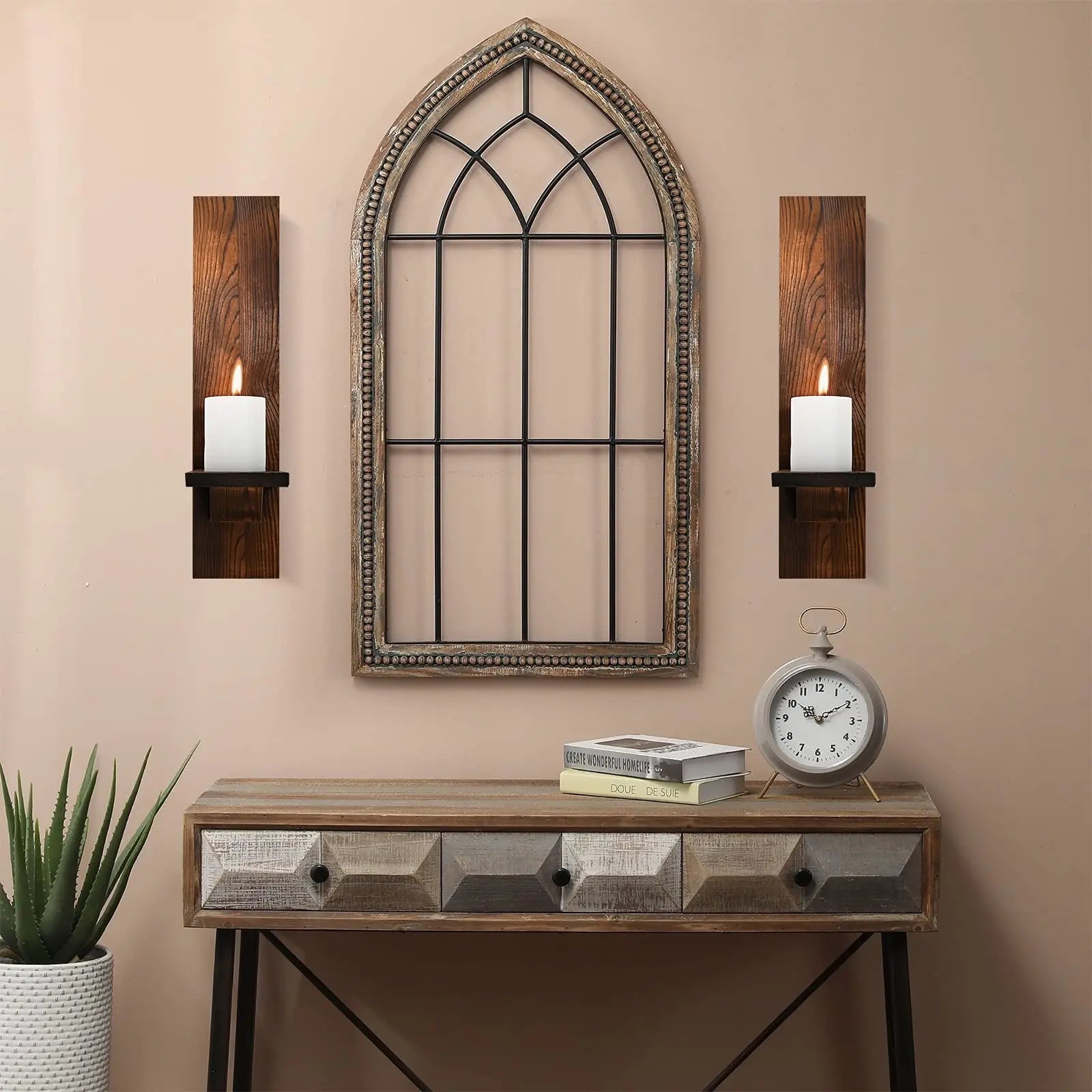 Japandi Wandkandelaar Hout Rustiek Set 2 Stuks Wandmontage Kaarsenhouder Woonkamer Slaapkamer Vintage Muur Decoratie Pilaarkaars Houder | Sansoti