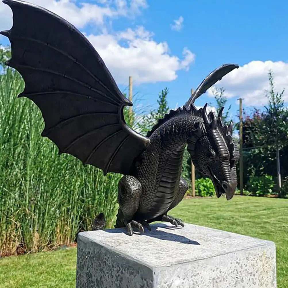 Drache Springbrunnen Gartenfigur Harz 35cm Bronze Wasserspeiender Drache Garten Skulptur Teich Terrasse Außendekoration Ornament | Restfield