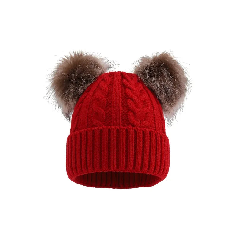 Gebreide Wintermuts met Dubbele Pompons voor Dames Warm Outdoor Accessoire Rekbaar Effen Kleur Casual | Sansoti